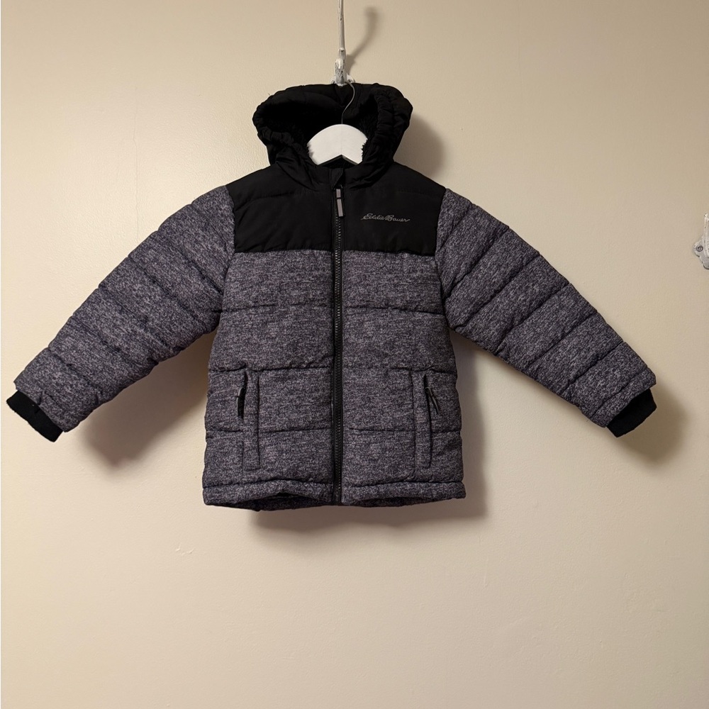 Eddie Bauer Puffer Coat Jacket Kids 3T Black Grey Hooded Sherpa Lined